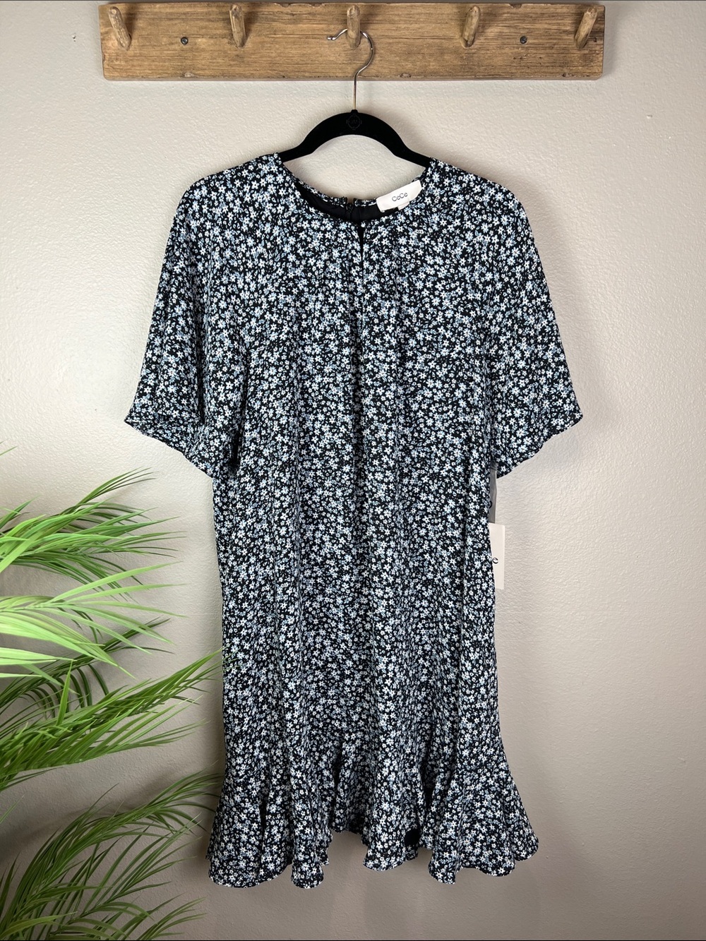 CeCe Black Midi Dress with White and Light Blue Floral Print